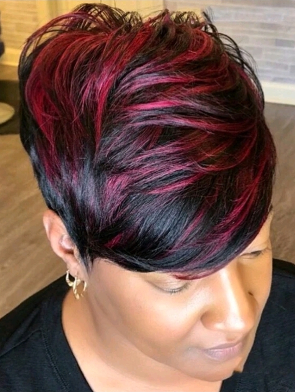 6 Inch Pixie Cut Highlights 1B/Burg. 100% Human Hair Wig With Bang